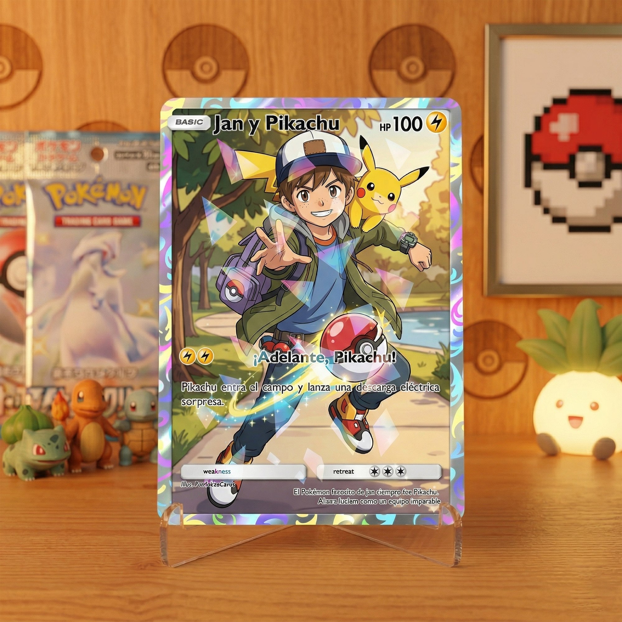 Ejemplo ilustrativo de un niño protagonista de una carta de estilo Pokémon