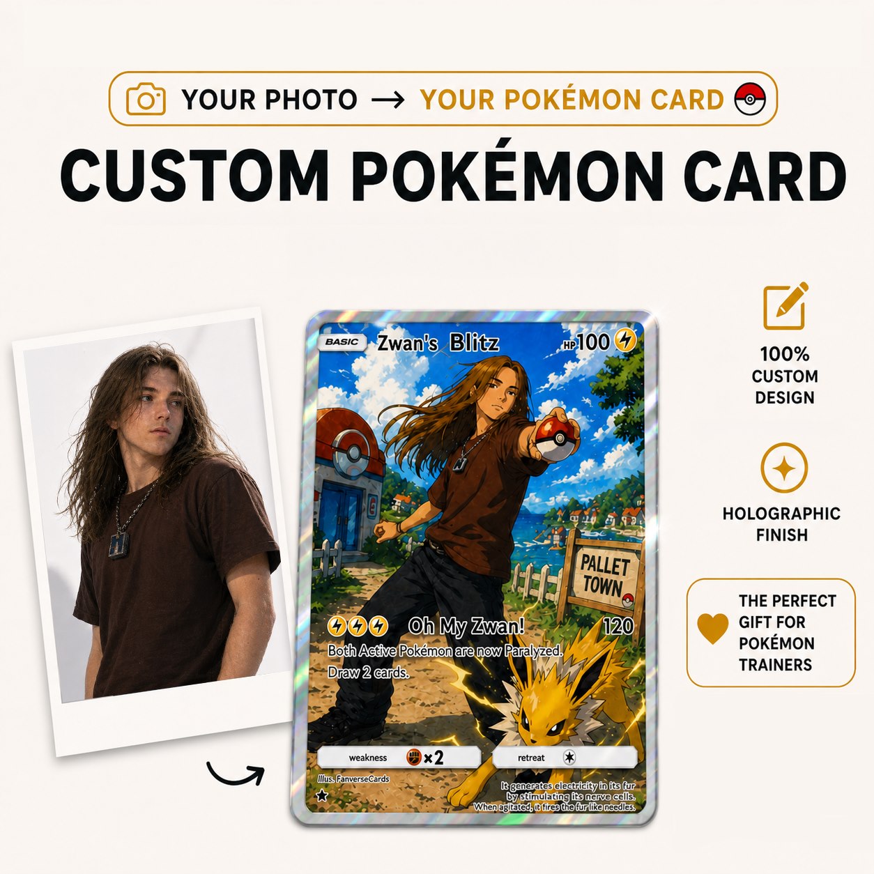 Montaje que muestra una foto convertida en una carta ilustrada de estilo Pokémon